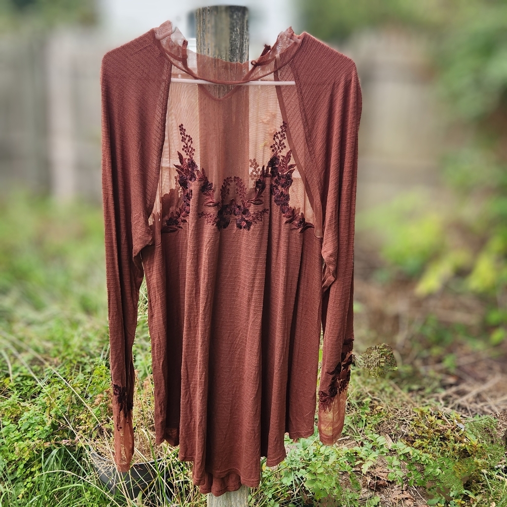 Free People SAHELI TOP Amber Brown Round Hem Tunic, made in India